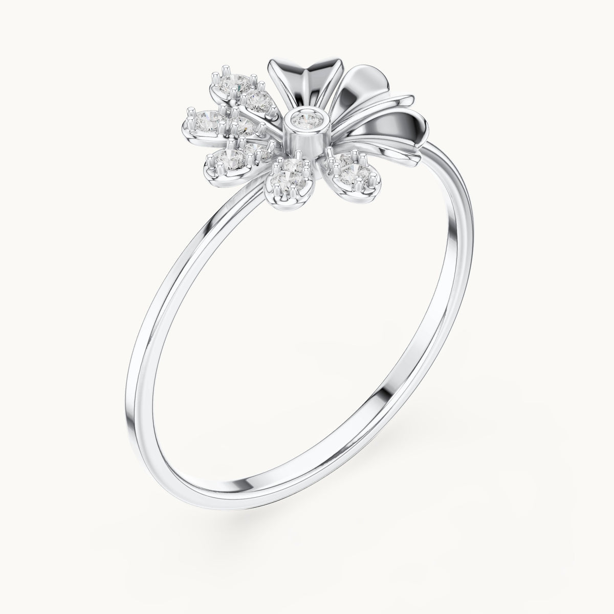 Round lab-grown diamond flower ring in white gold, 0.088 CT TW, view 2