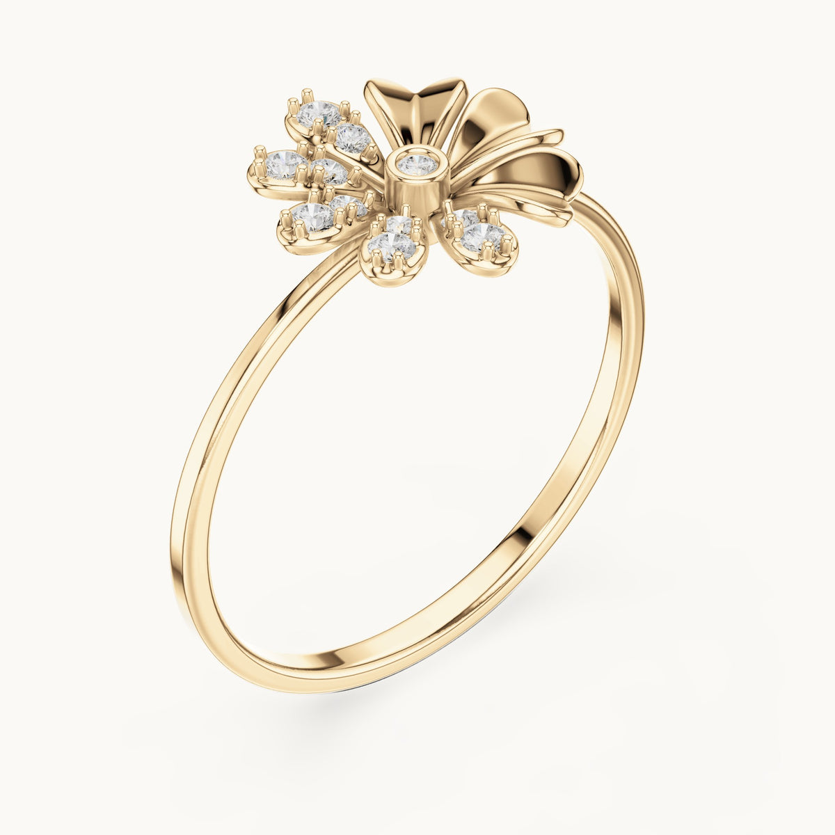 Round lab-grown diamond flower ring in yellow gold, 0.088 CT TW, view 2