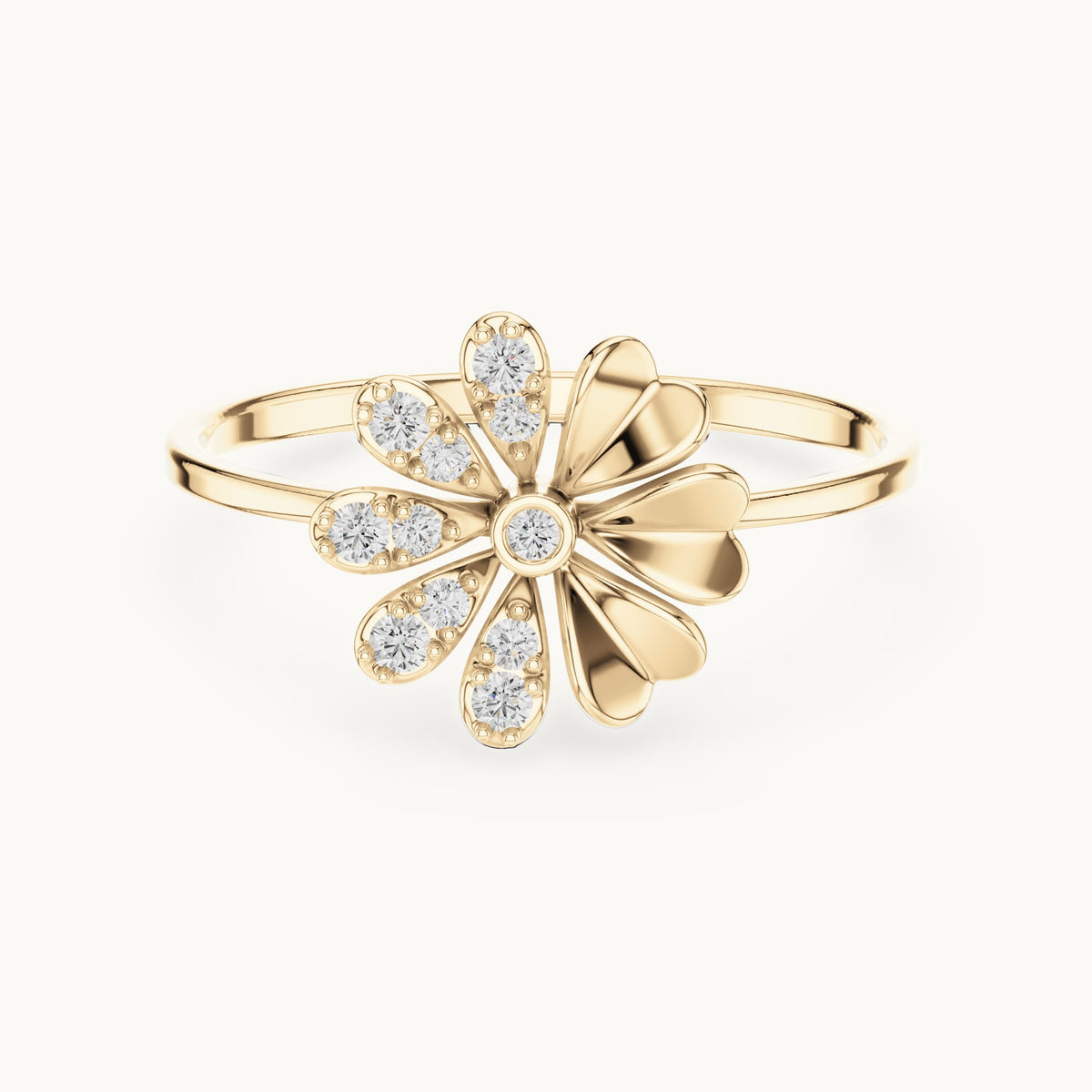 Round lab-grown diamond flower ring in yellow gold, 0.088 CT TW, view 4