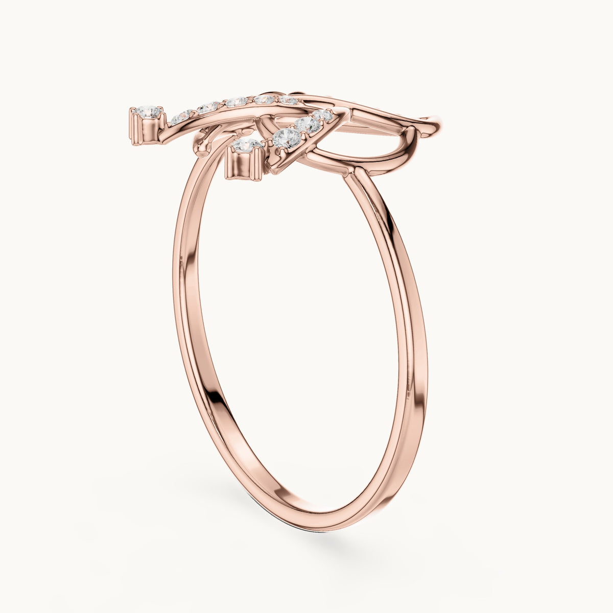Round lab-grown diamond leaf ring in rose gold, 0.06 CT TW, view 1