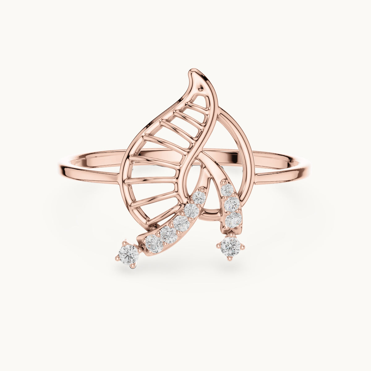 Round lab-grown diamond leaf ring in rose gold, 0.06 CT TW, view 4