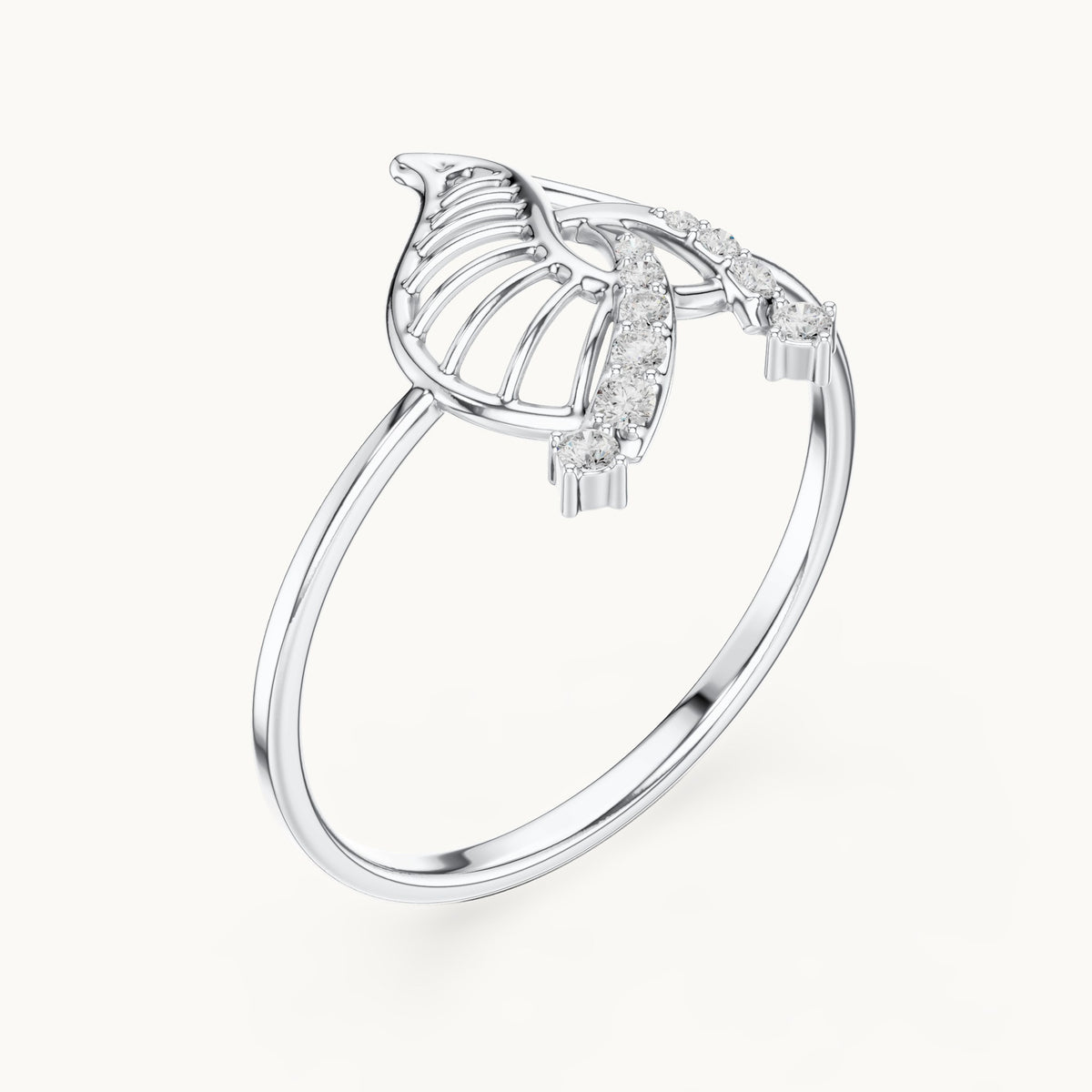 Round lab-grown diamond leaf ring in white gold, 0.06 CT TW, view 2