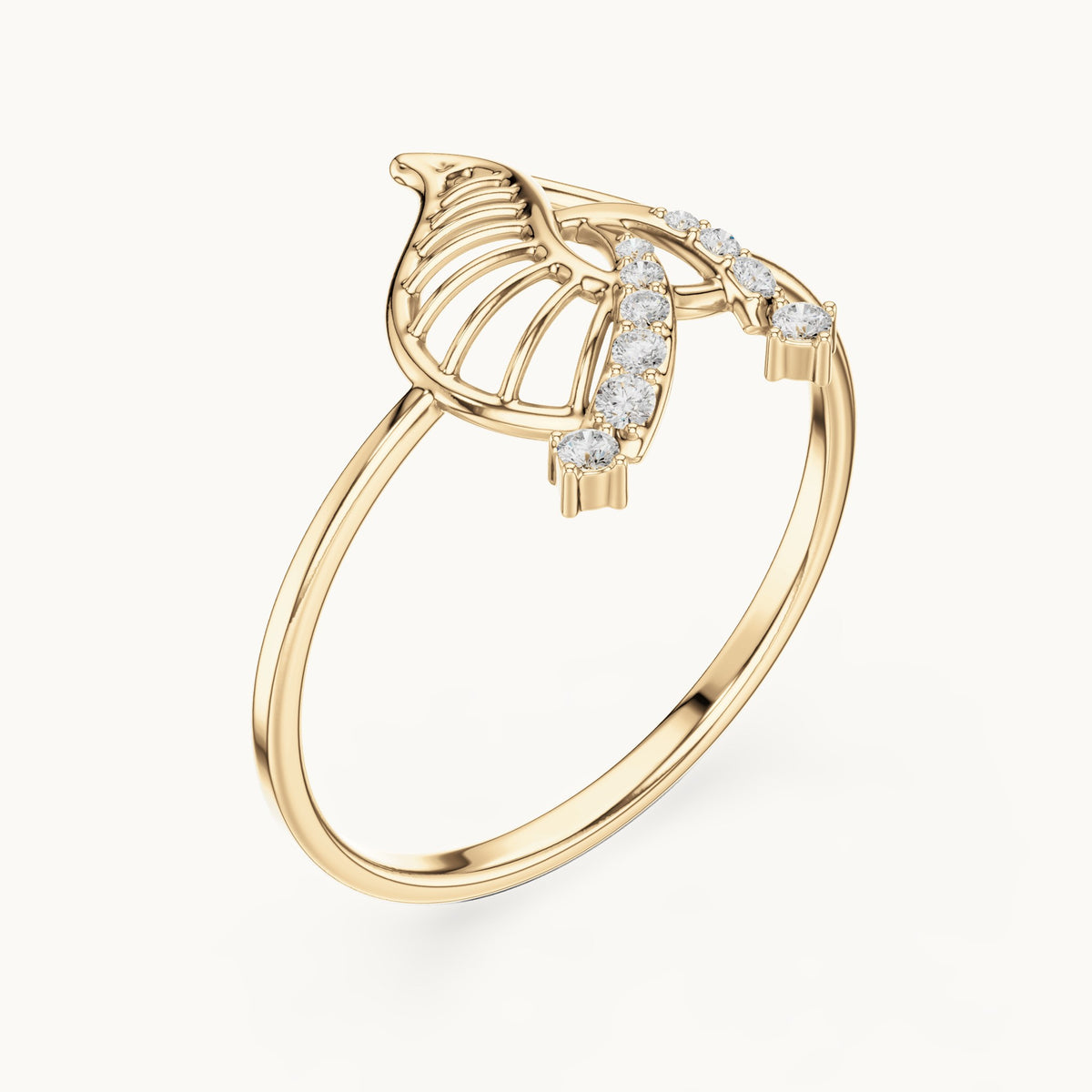 Round lab-grown diamond leaf ring in yellow gold, 0.06 CT TW, view 2