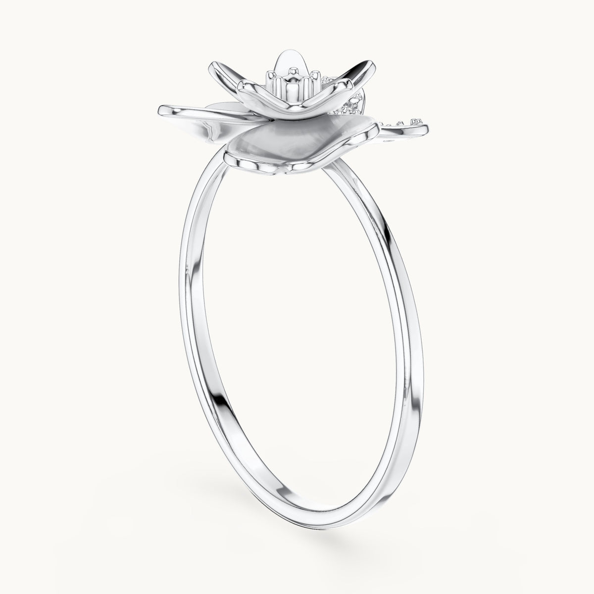 Round lab-grown diamond flower ring in white gold, 0.095 CT TW, view 1