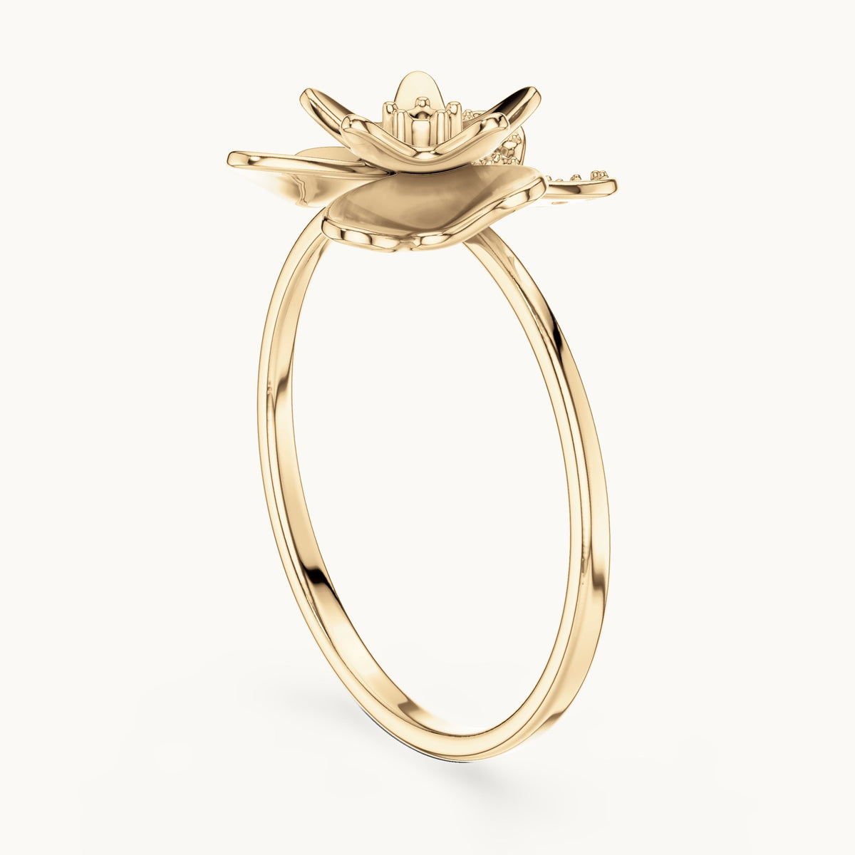 Round lab-grown diamond flower ring in yellow gold, 0.095 CT TW, view 1