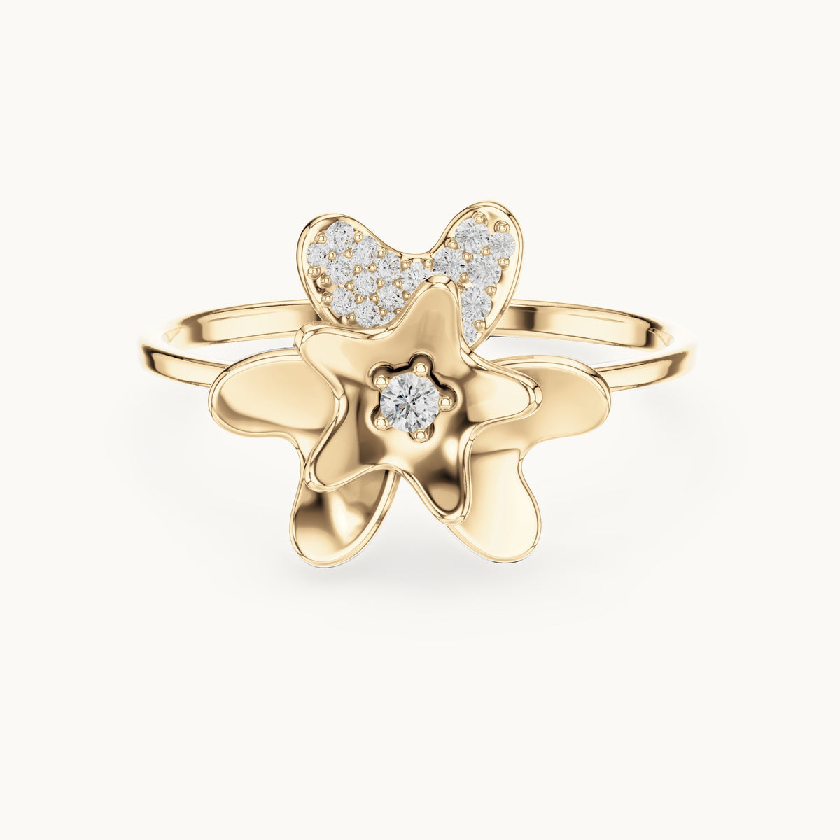 Round lab-grown diamond flower ring in yellow gold, 0.095 CT TW, view 4