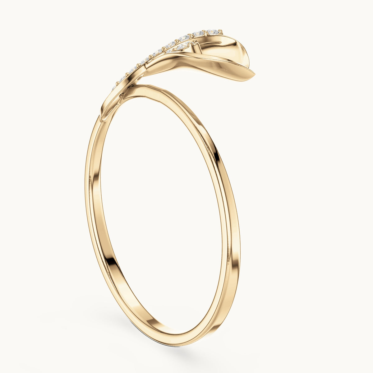 Round lab-grown diamond leaf bypass ring in yellow gold, 0.048 CT TW, view 1