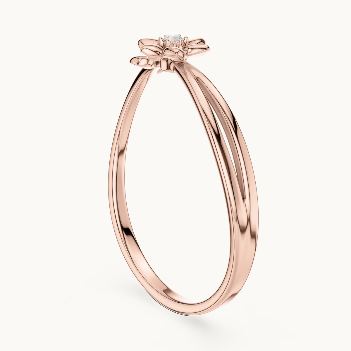 Round lab-grown diamond flower and leaf split shank ring in rose gold, 0.011 CT TW, view 1