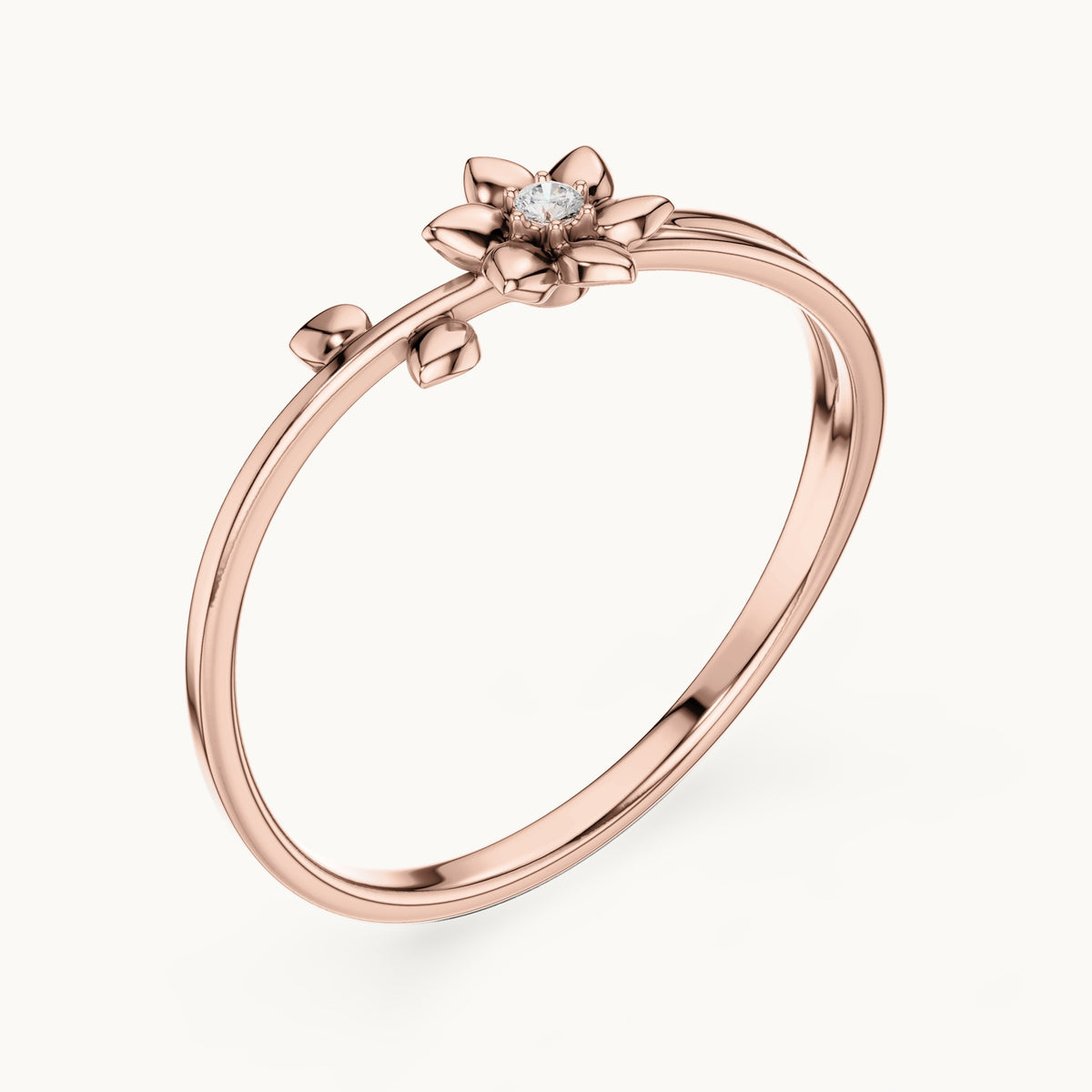 Round lab-grown diamond flower and leaf split shank ring in rose gold, 0.011 CT TW, view 2