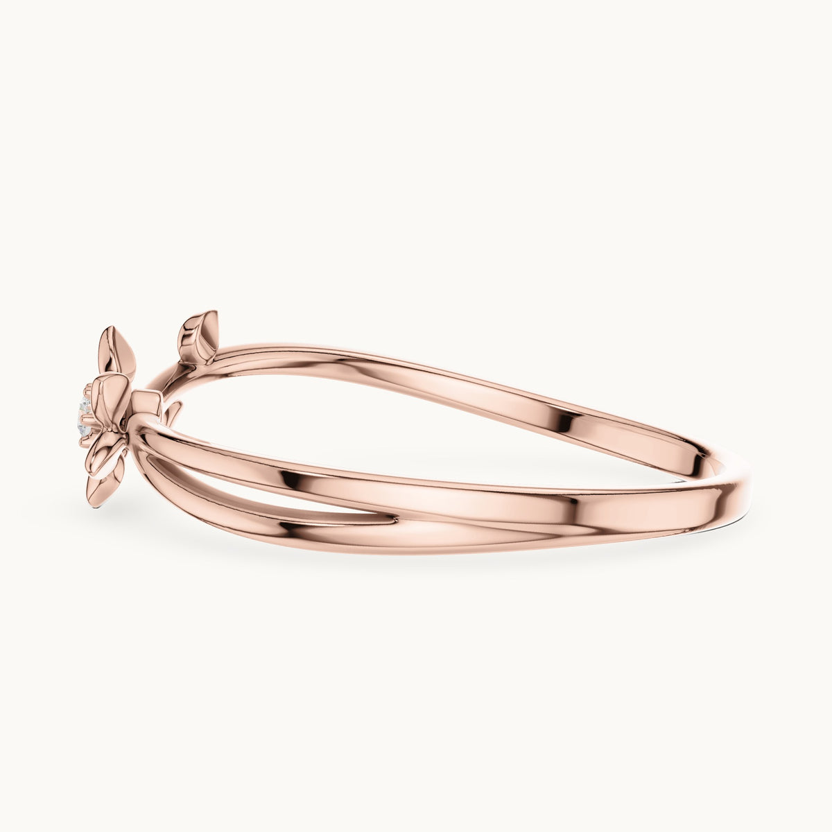 Round lab-grown diamond flower and leaf split shank ring in rose gold, 0.011 CT TW, view 3