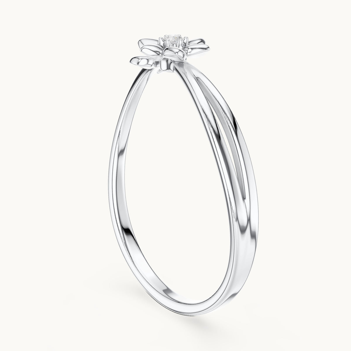 Round lab-grown diamond flower and leaf split shank ring in white gold, 0.011 CT TW, view 1