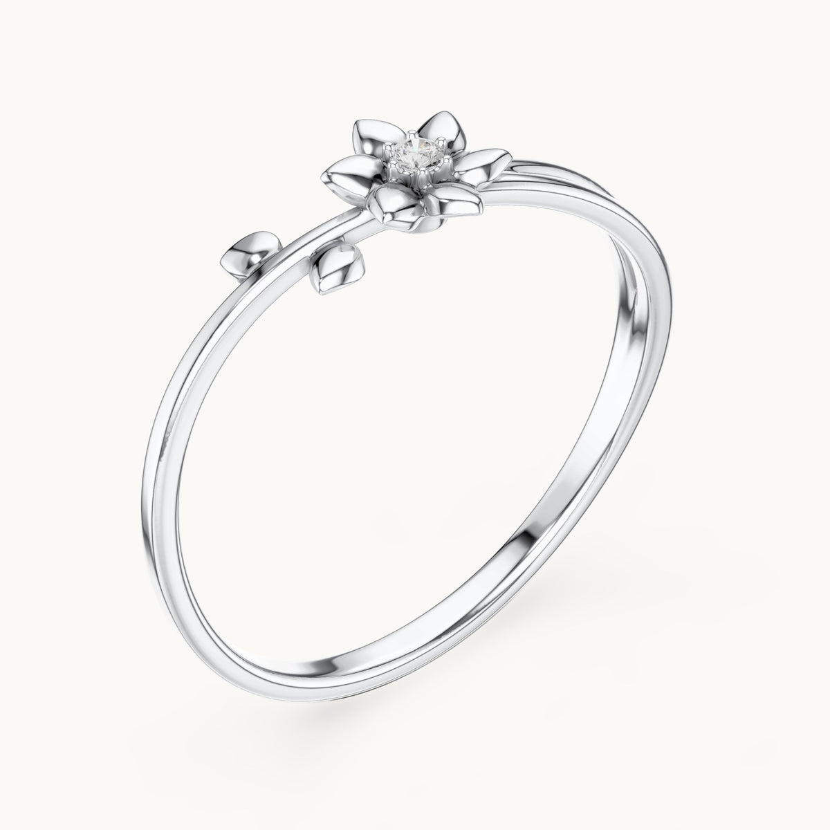 Round lab-grown diamond flower and leaf split shank ring in white gold, 0.011 CT TW, view 2