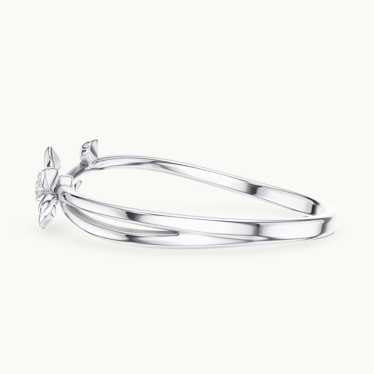 Round lab-grown diamond flower and leaf split shank ring in white gold, 0.011 CT TW, view 3