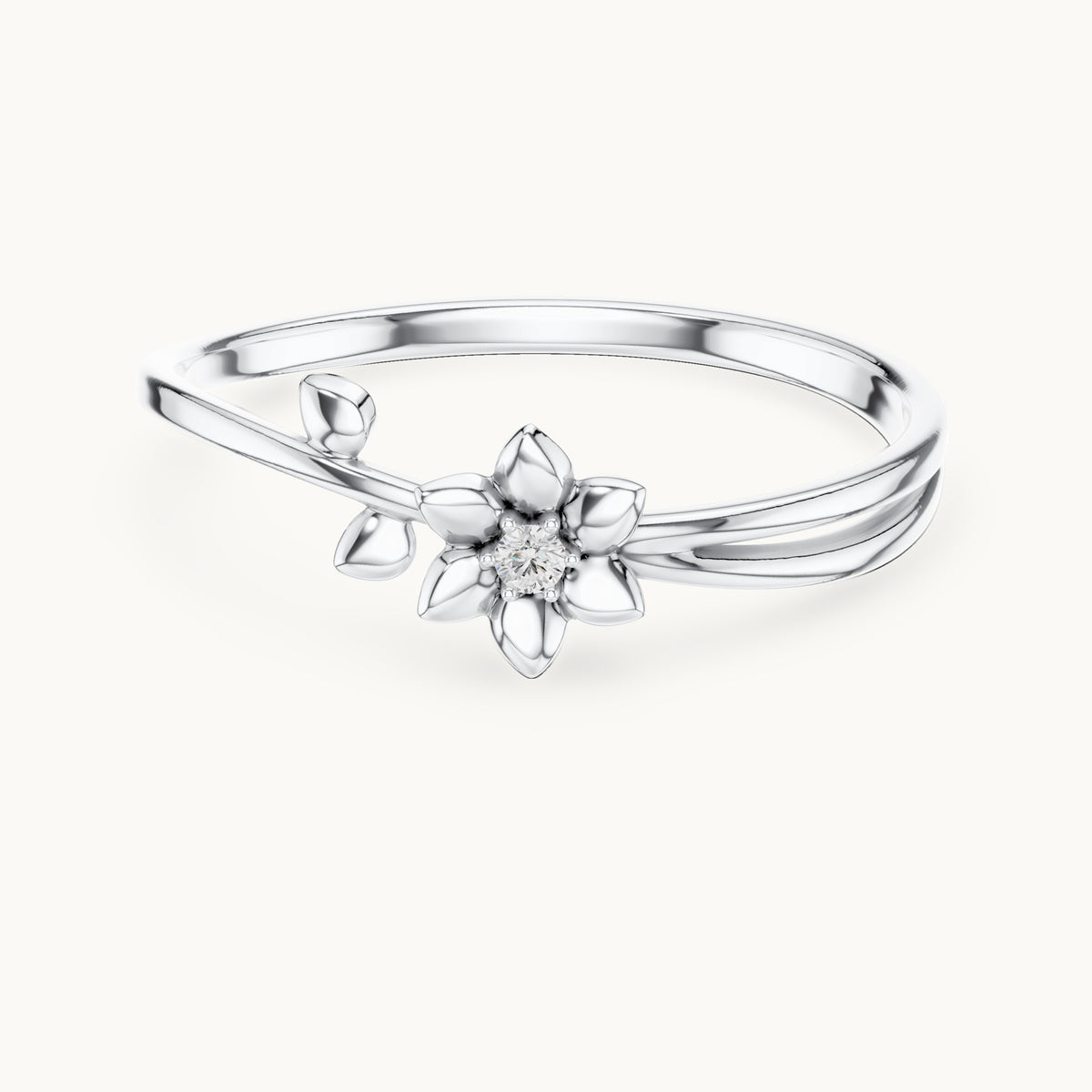 Round lab-grown diamond flower and leaf split shank ring in white gold, 0.011 CT TW, view 4