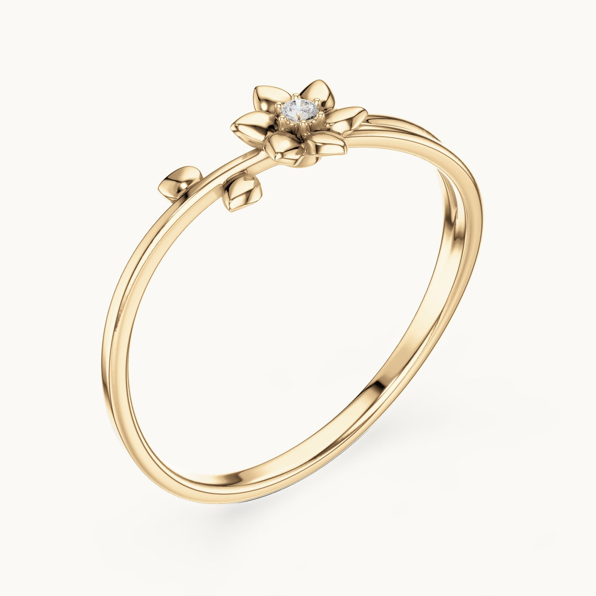 Round lab-grown diamond flower and leaf split shank ring in yellow gold, 0.011 CT TW, view 2