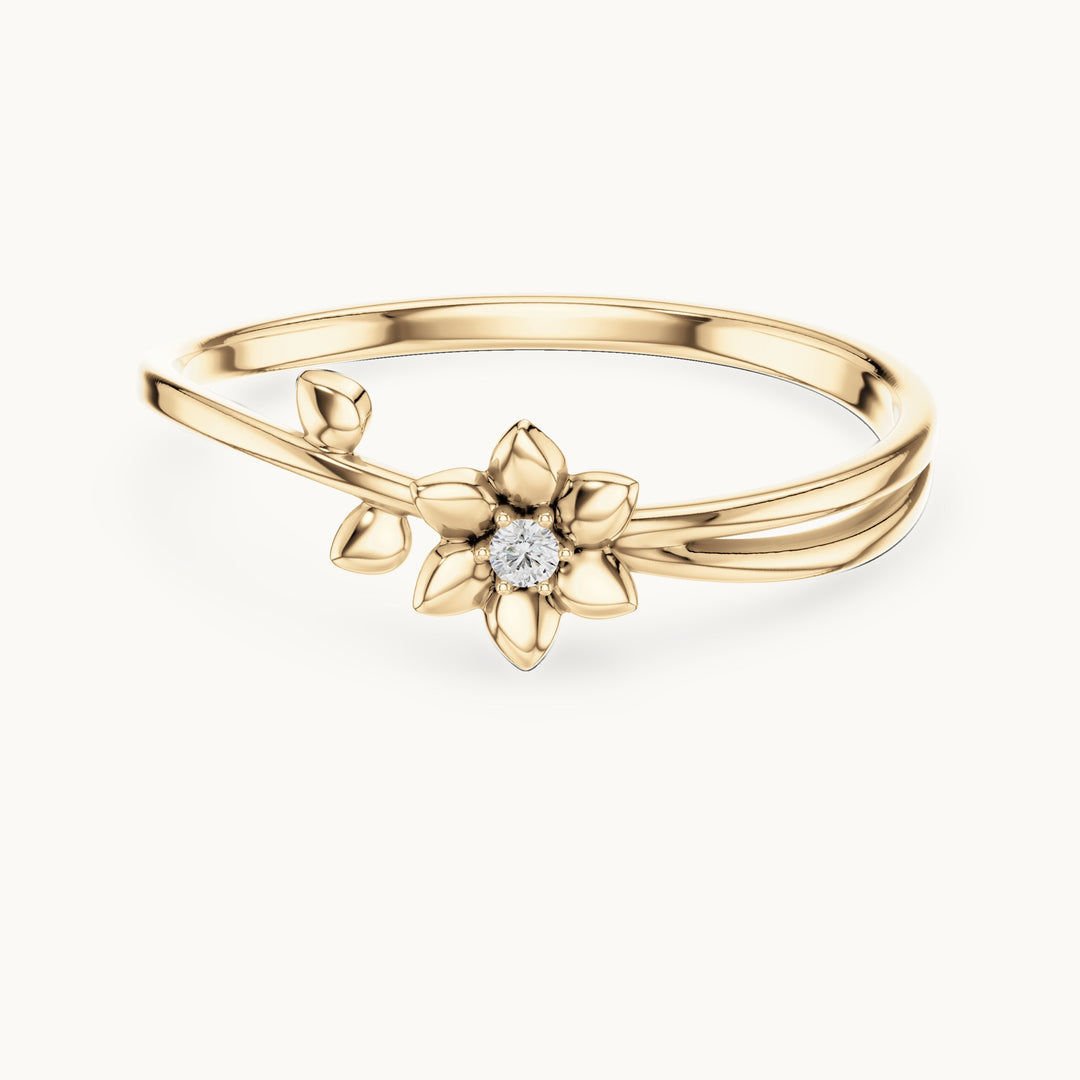 Round lab-grown diamond flower and leaf split shank ring in yellow gold, 0.011 CT TW, view 4