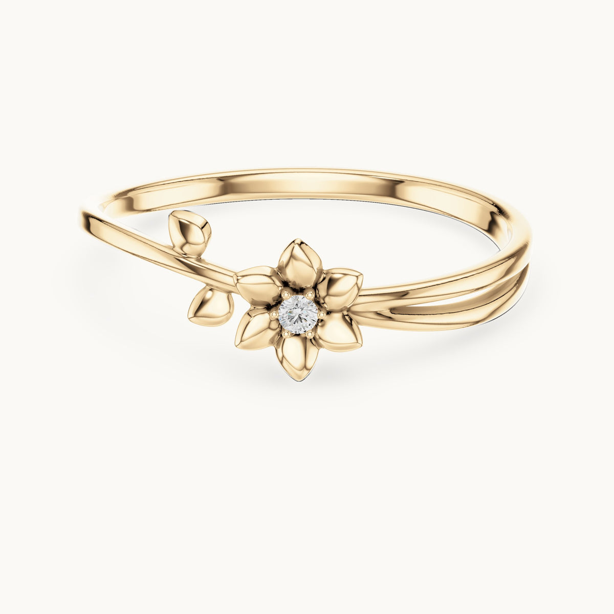 Round lab-grown diamond flower and leaf split shank ring in yellow gold, 0.011 CT TW, view 4
