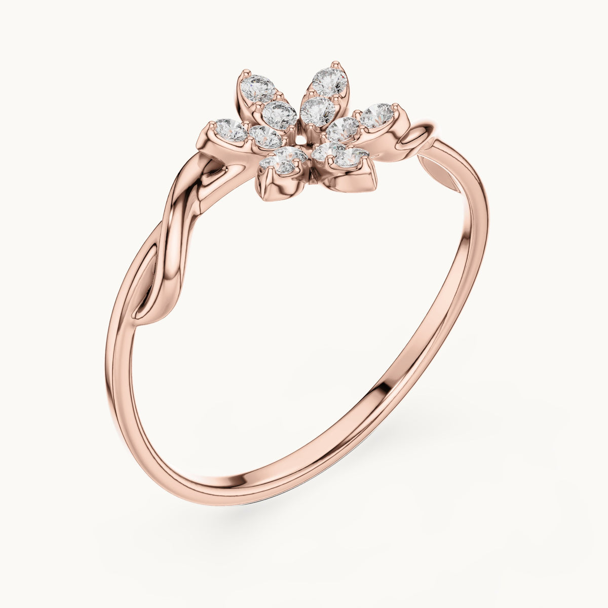 Round lab-grown diamond six-petal pave flower ring in rose gold, 0.132 CT TW, view 2