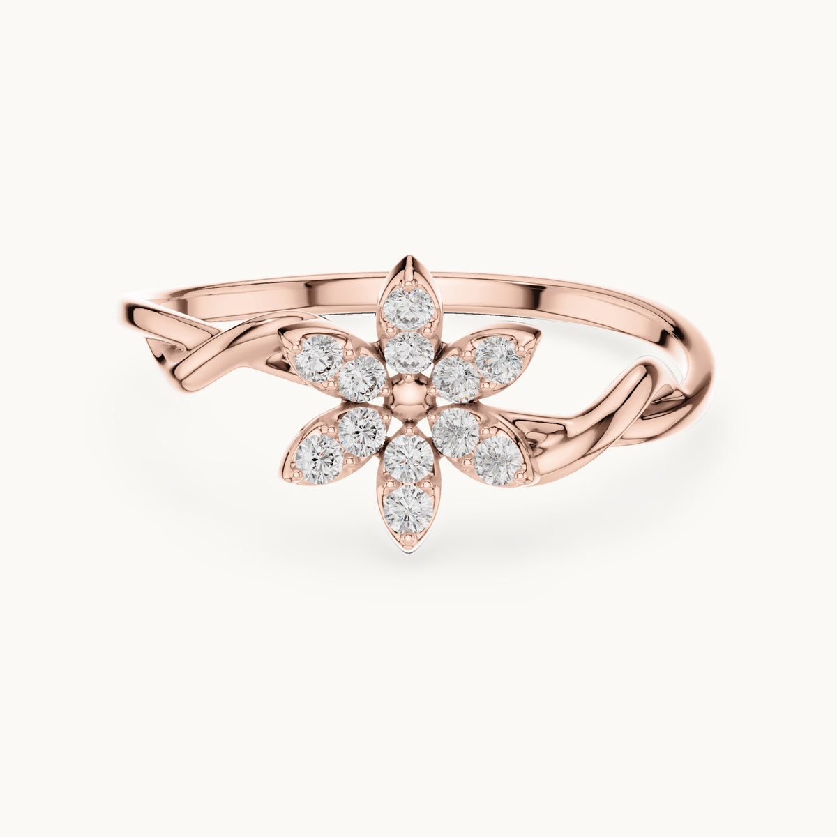Round lab-grown diamond six-petal pave flower ring in rose gold, 0.132 CT TW, view 4