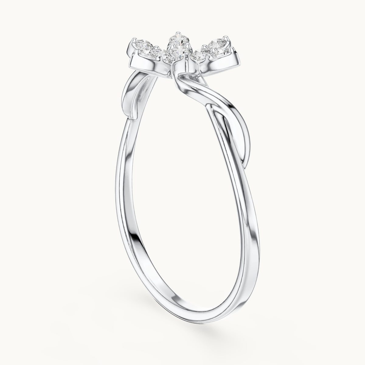 Round lab-grown diamond six-petal pave flower ring in white gold, 0.132 CT TW, view 1