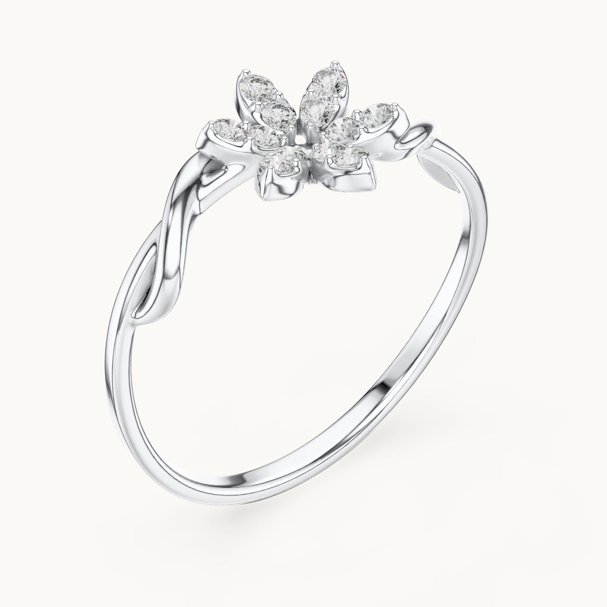 Round lab-grown diamond six-petal pave flower ring in white gold, 0.132 CT TW, view 2