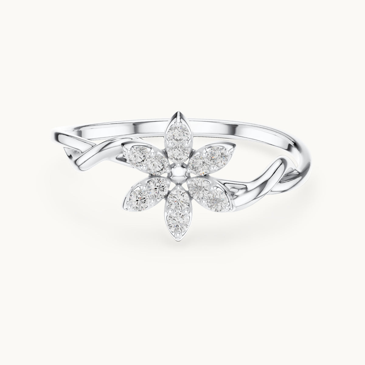 Round lab-grown diamond six-petal pave flower ring in white gold, 0.132 CT TW, view 4