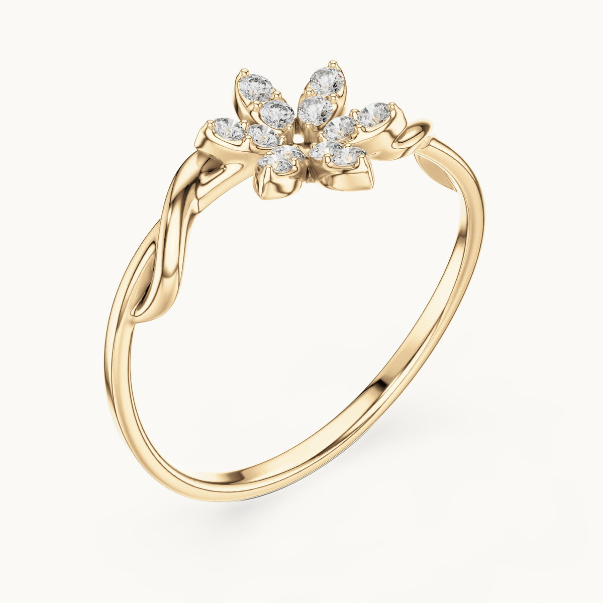 Round lab-grown diamond six-petal pave flower ring in yellow gold, 0.132 CT TW, view 2