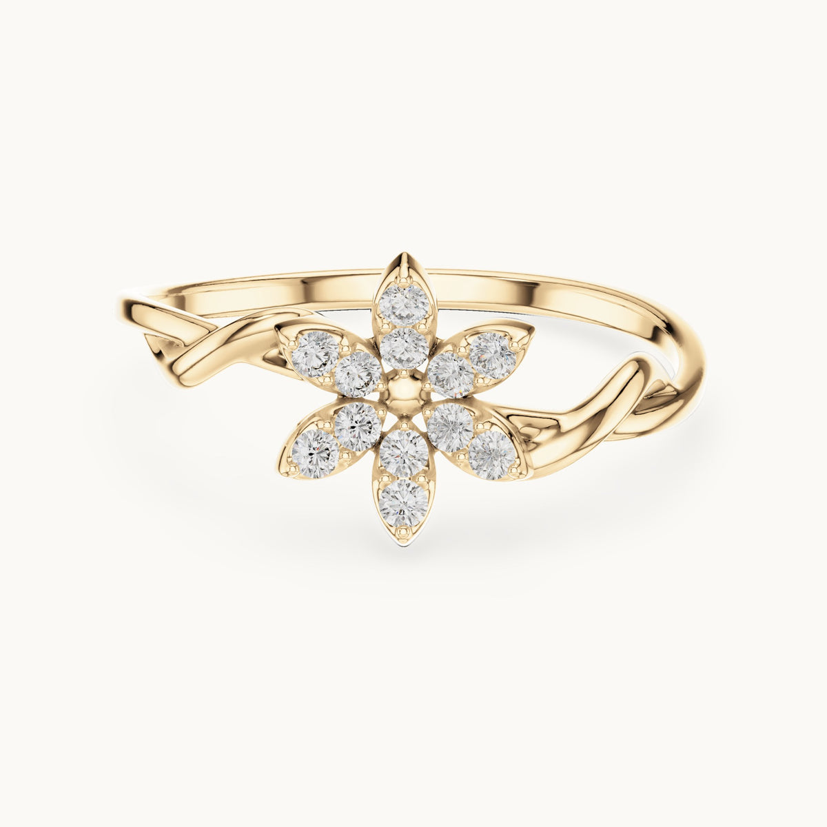 Round lab-grown diamond six-petal pave flower ring in yellow gold, 0.132 CT TW, view 4