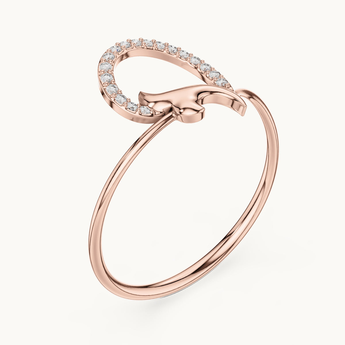 Round lab-grown diamond pave crescent leaf ring in rose gold, 0.054 CT TW, view 2