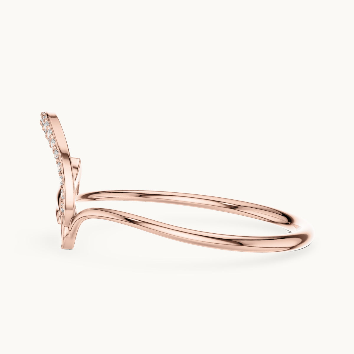 Round lab-grown diamond pave crescent leaf ring in rose gold, 0.054 CT TW, view 3