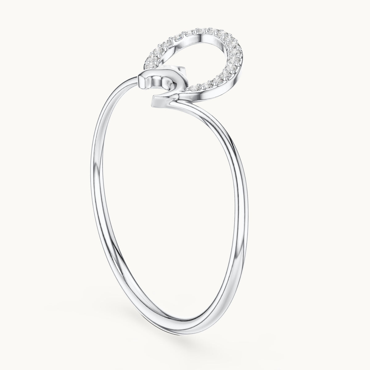 Round lab-grown diamond pave crescent leaf ring in white gold, 0.054 CT TW, view 1