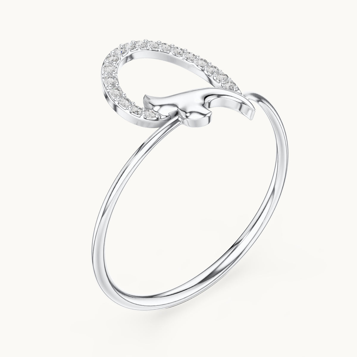 Round lab-grown diamond pave crescent leaf ring in white gold, 0.054 CT TW, view 2