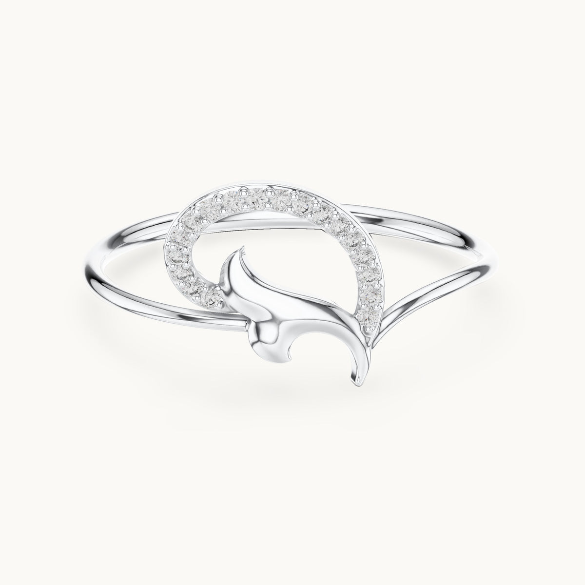 Round lab-grown diamond pave crescent leaf ring in white gold, 0.054 CT TW, view 4