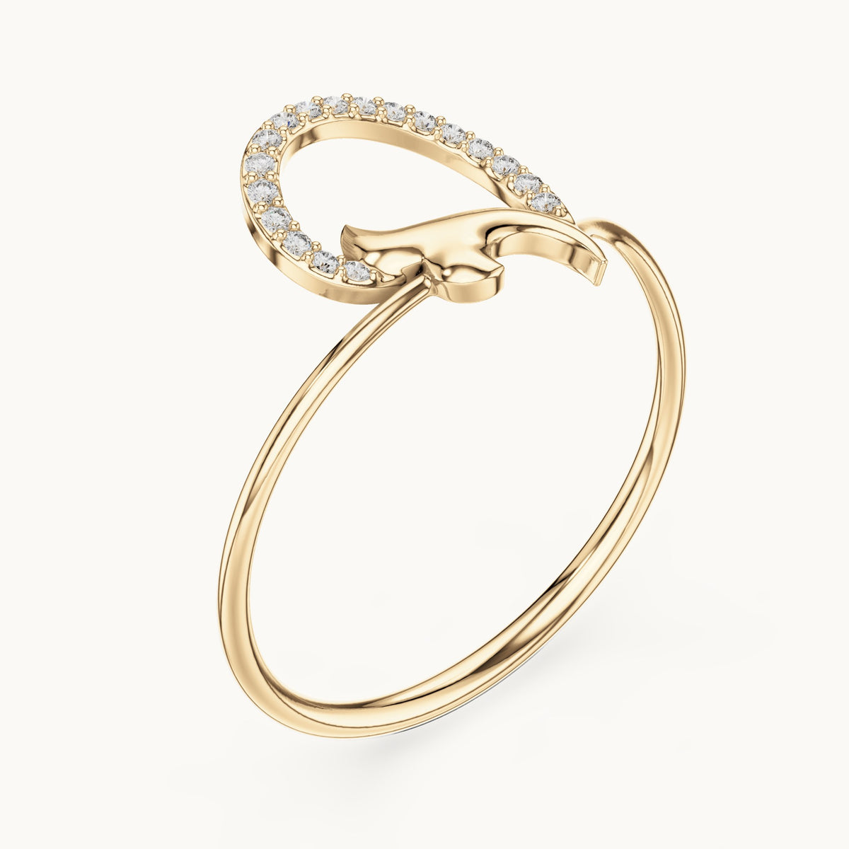 Round lab-grown diamond pave crescent leaf ring in yellow gold, 0.054 CT TW, view 2