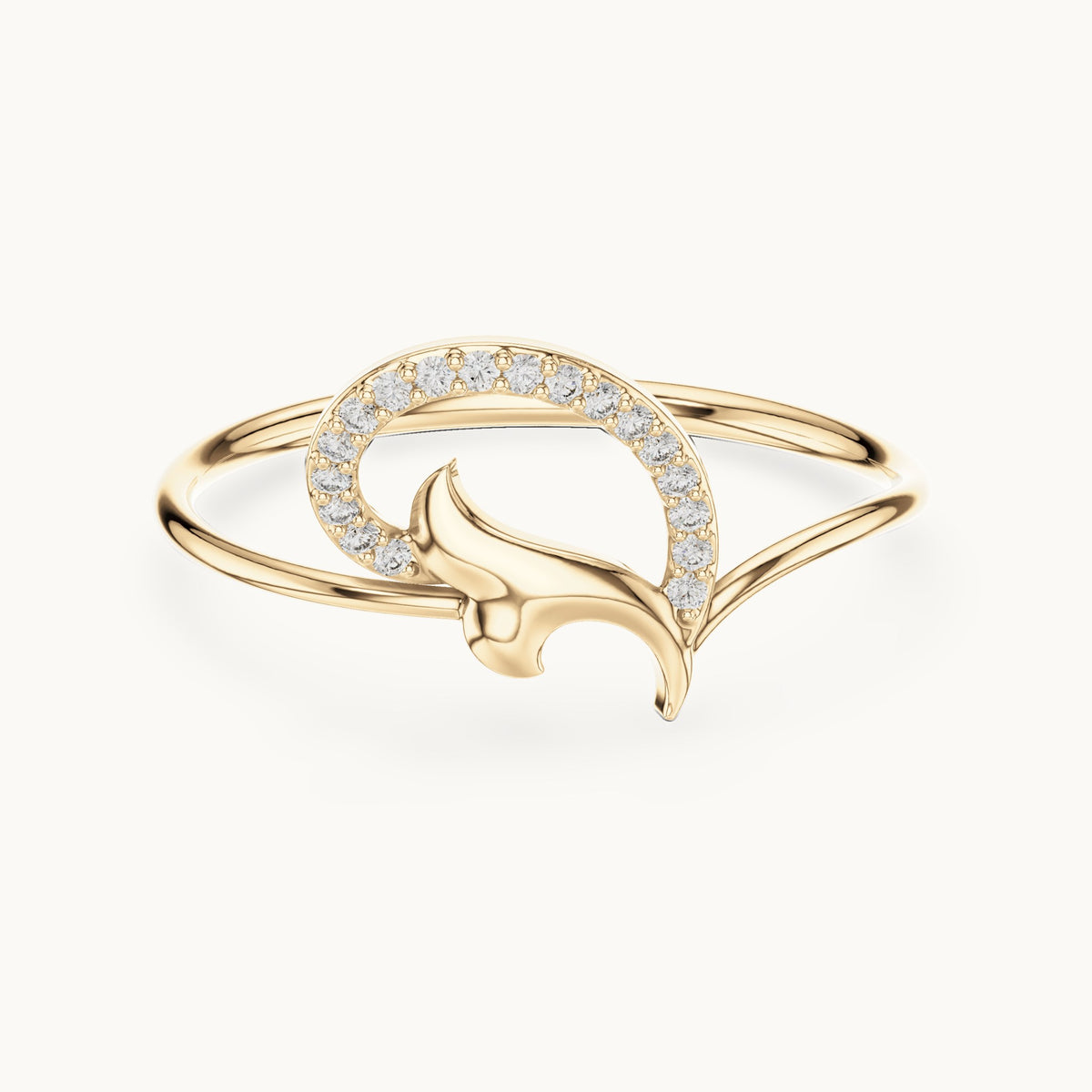 Round lab-grown diamond pave crescent leaf ring in yellow gold, 0.054 CT TW, view 4