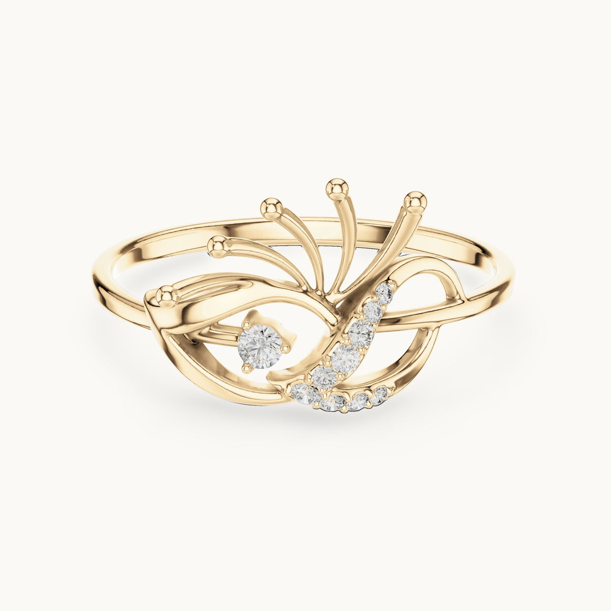 Round lab-grown diamond swoosh bypass ring with gold spray in yellow gold, 0.061 CT TW, view 4