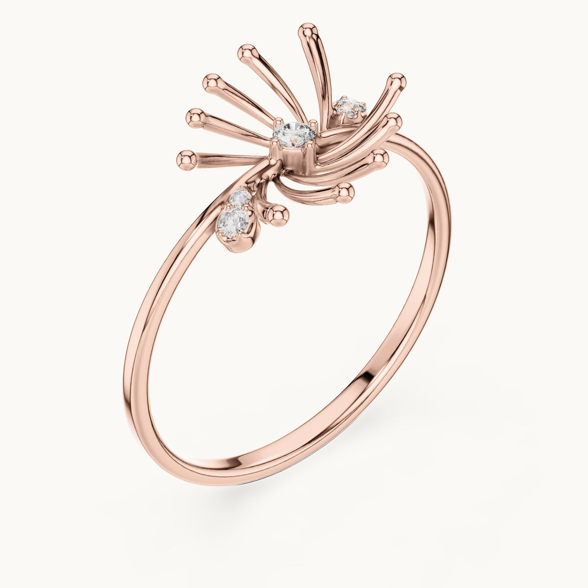 Round lab-grown diamond starburst spray ring in rose gold, 0.044 CT TW, view 2
