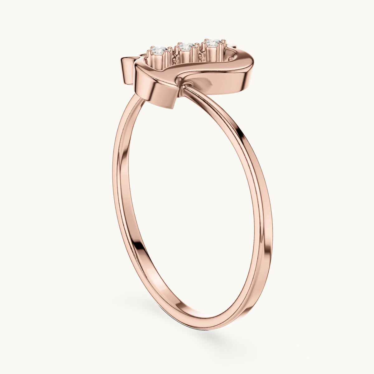 Round lab-grown diamond wavy frame three-stone ring in rose gold, 0.03 CT TW, view 1