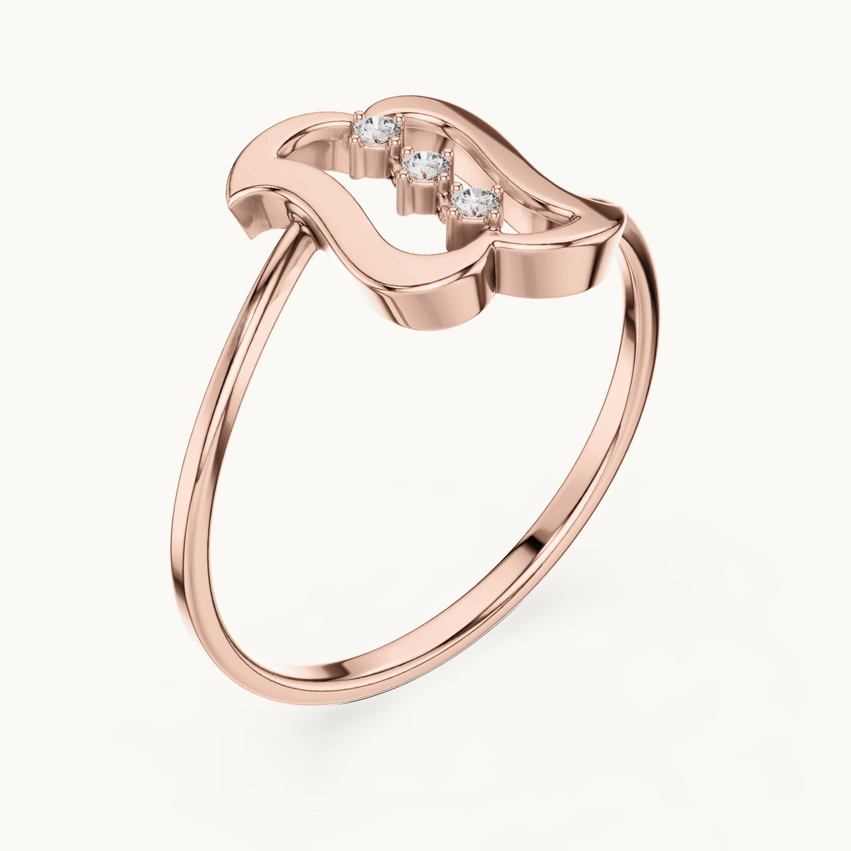Round lab-grown diamond wavy frame three-stone ring in rose gold, 0.03 CT TW, view 2