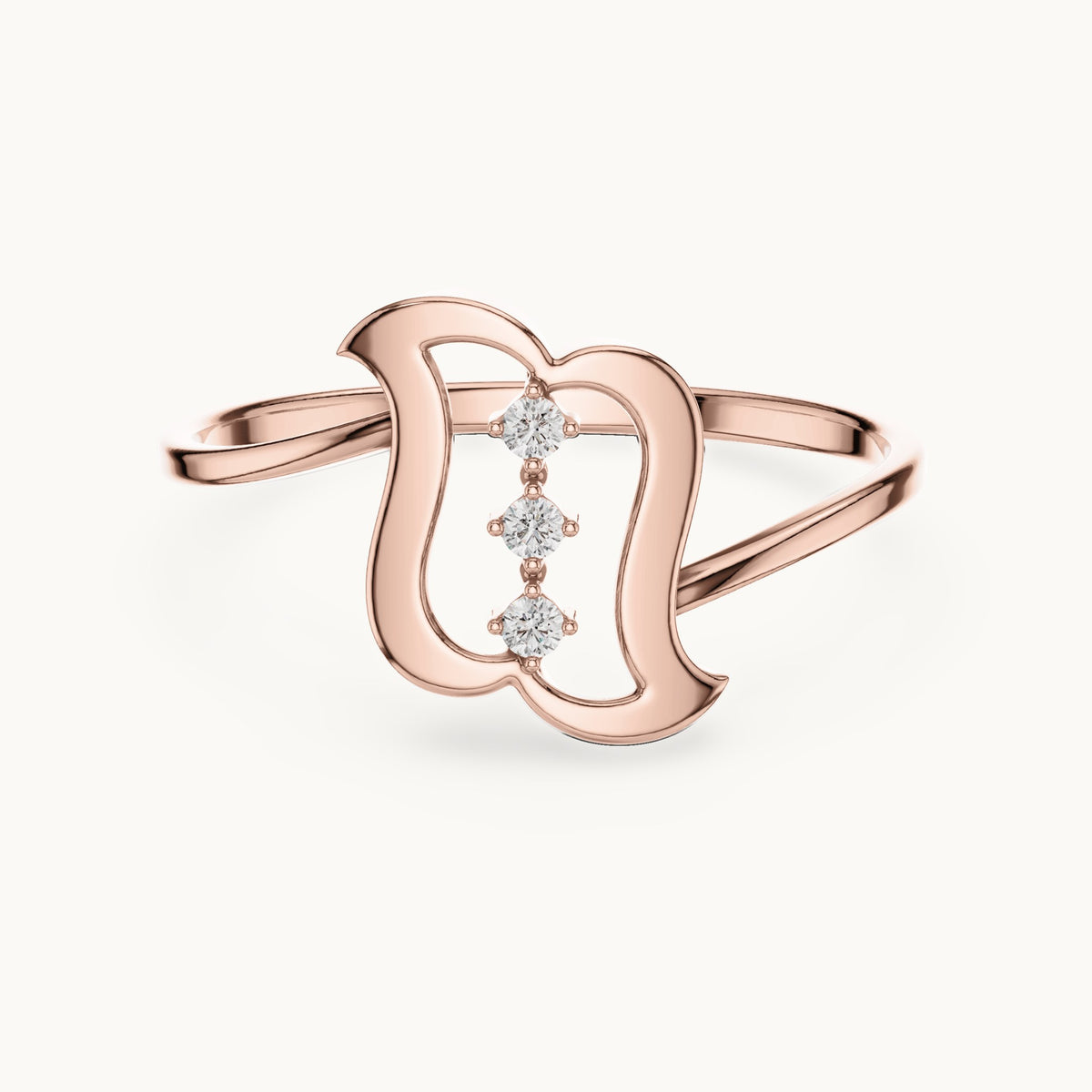 Round lab-grown diamond wavy frame three-stone ring in rose gold, 0.03 CT TW, view 4