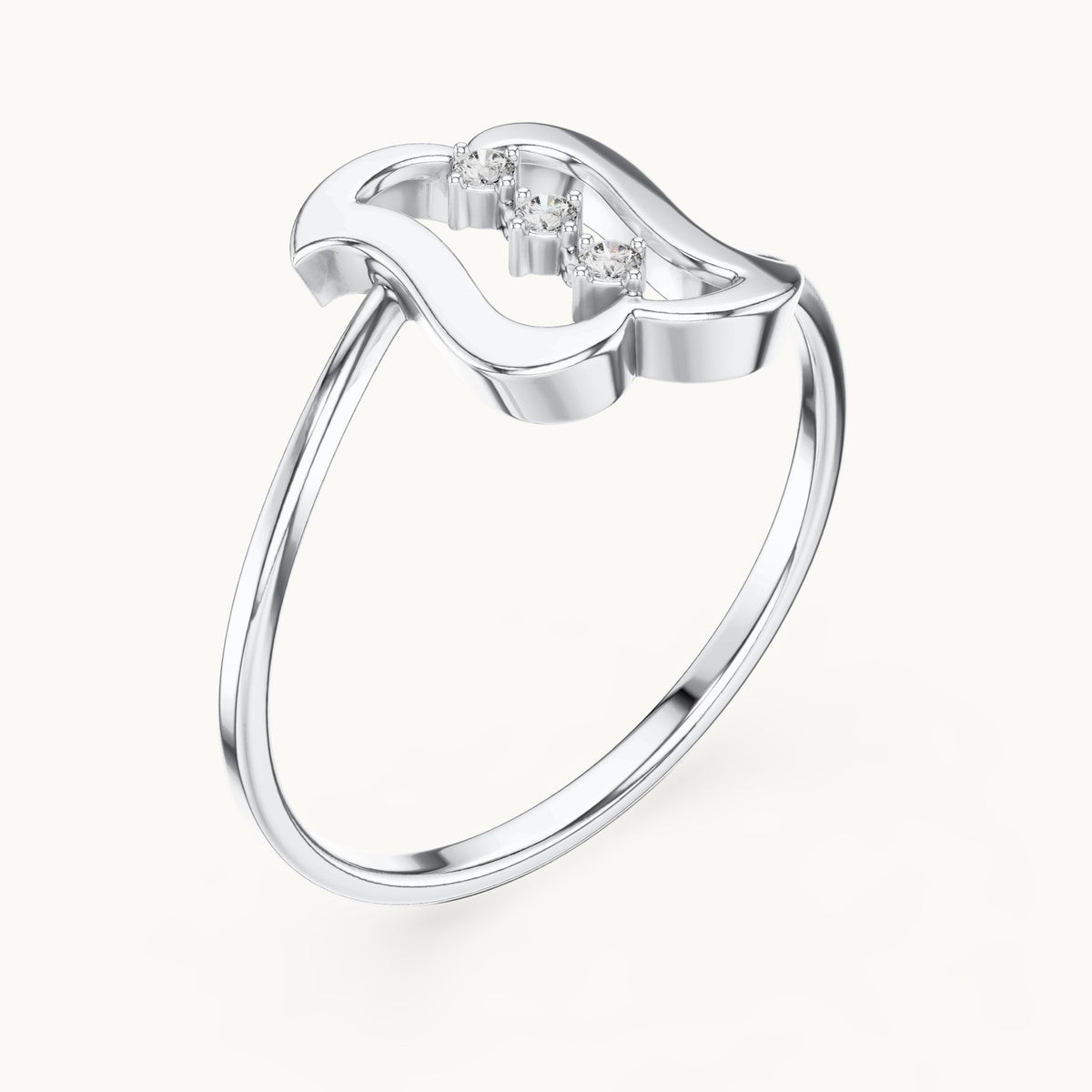 Round lab-grown diamond wavy frame three-stone ring in white gold, 0.03 CT TW, view 2