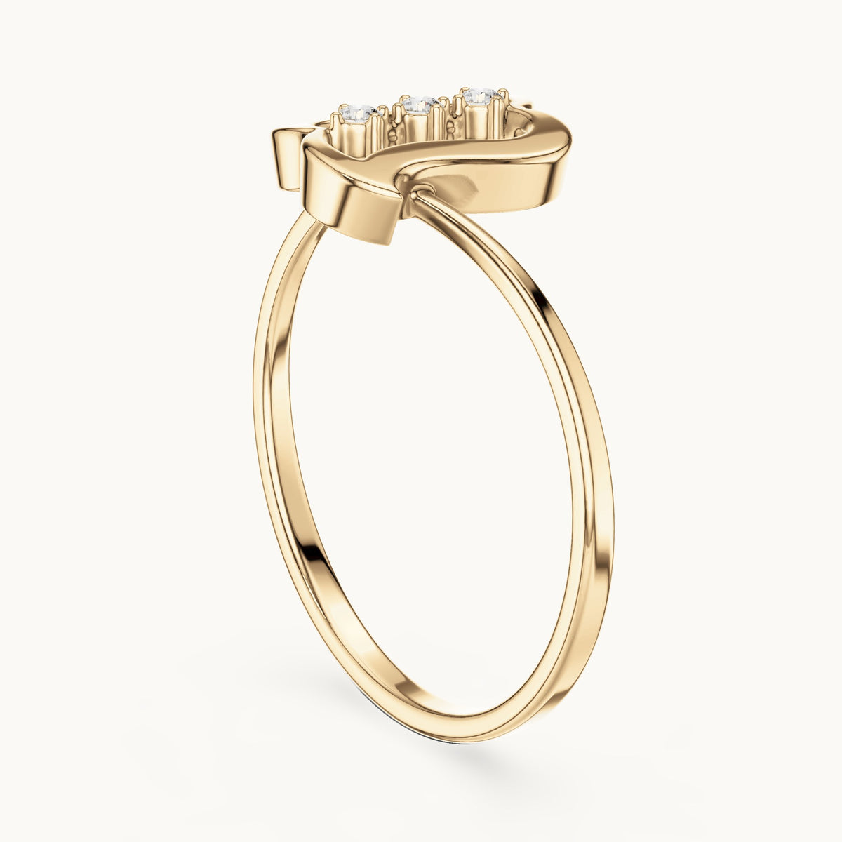 Round lab-grown diamond wavy frame three-stone ring in yellow gold, 0.03 CT TW, view 1