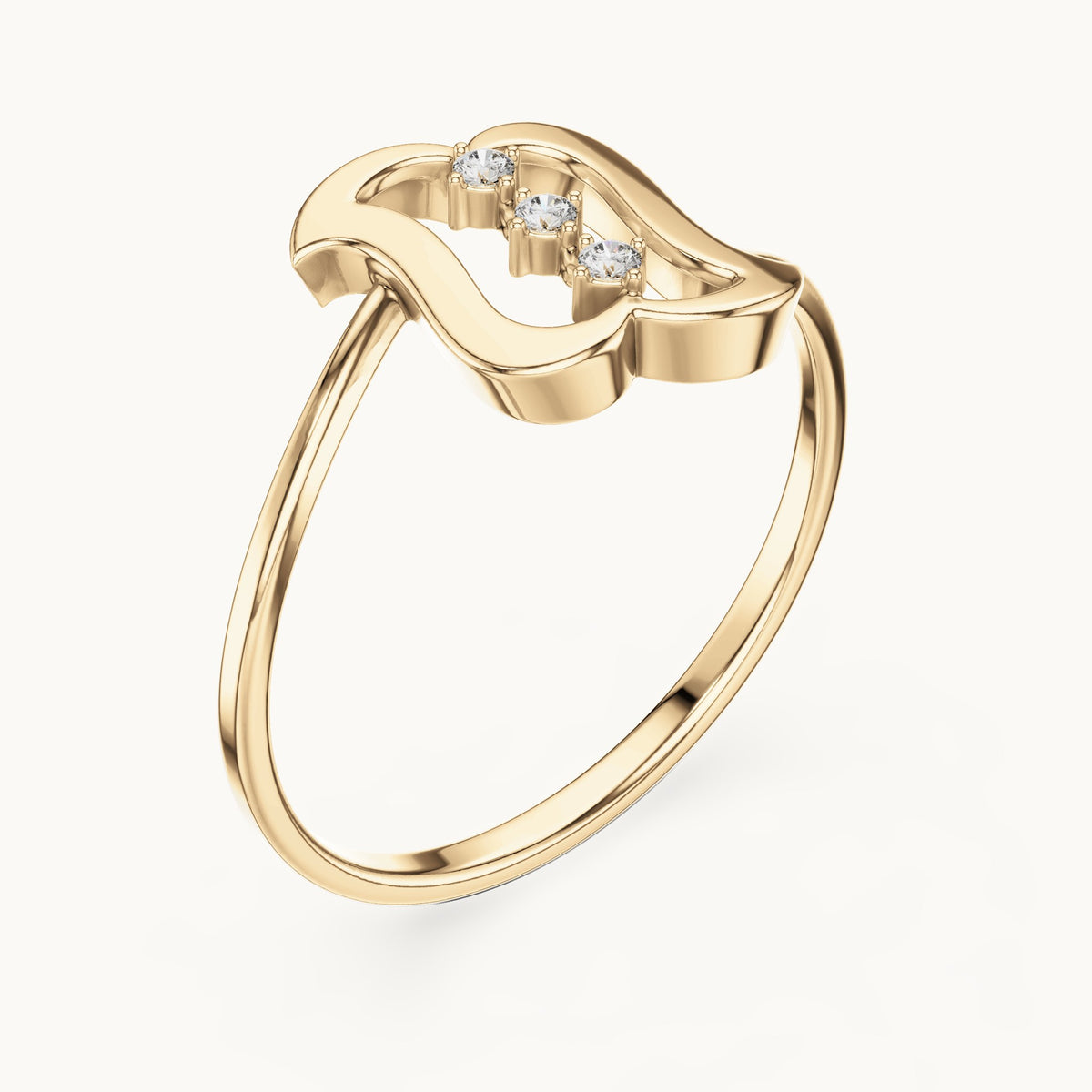 Round lab-grown diamond wavy frame three-stone ring in yellow gold, 0.03 CT TW, view 2