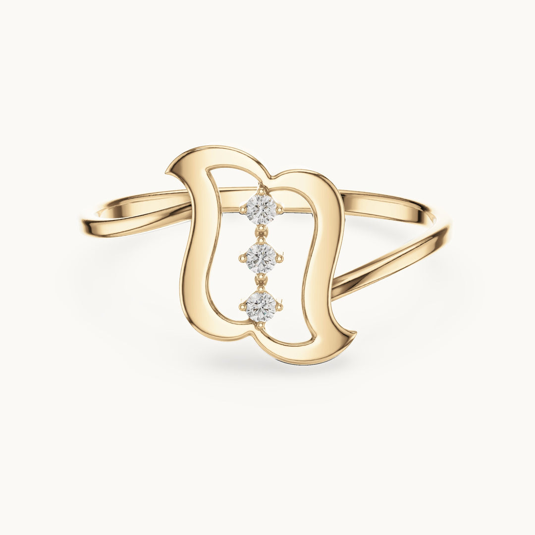 Round lab-grown diamond wavy frame three-stone ring in yellow gold, 0.03 CT TW, view 4