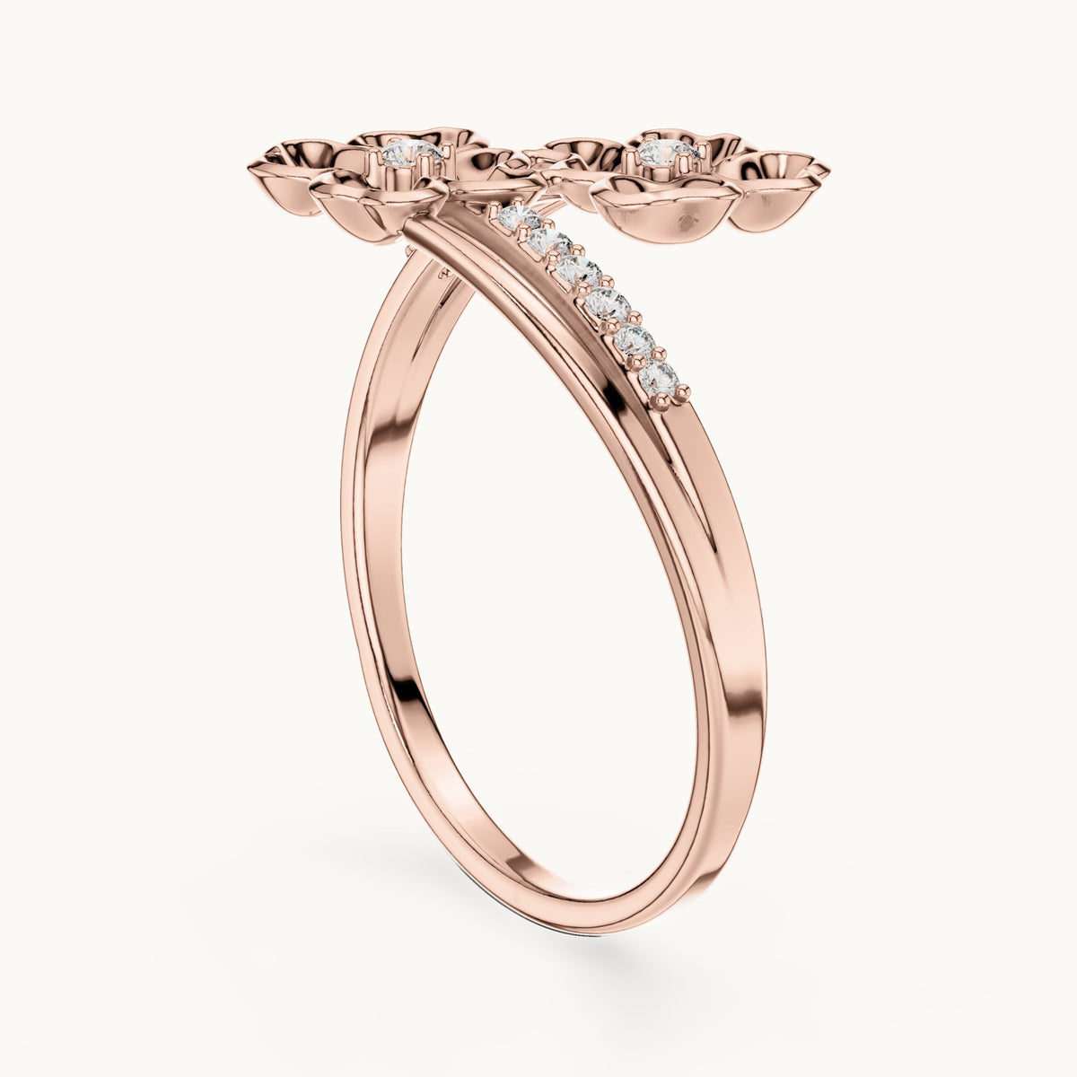 Round lab-grown diamond gold blossom bypass ring in rose gold, 0.086 CT TW, view 1