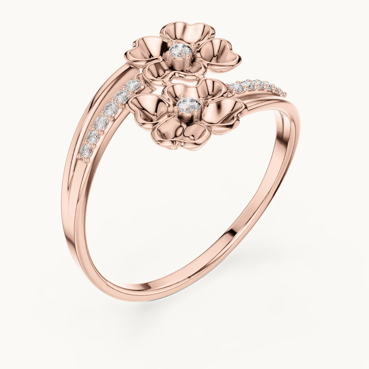 Round lab-grown diamond gold blossom bypass ring in rose gold, 0.086 CT TW, view 2