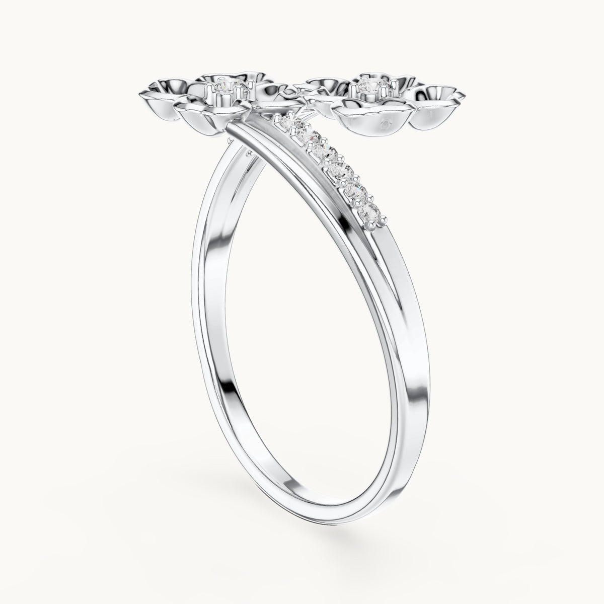 Round lab-grown diamond gold blossom bypass ring in white gold, 0.086 CT TW, view 1