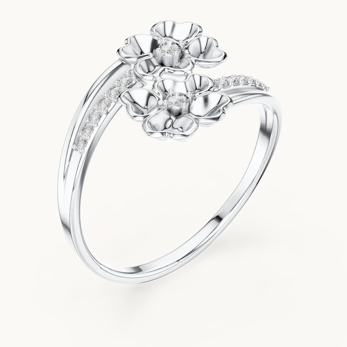 Round lab-grown diamond gold blossom bypass ring in white gold, 0.086 CT TW, view 2