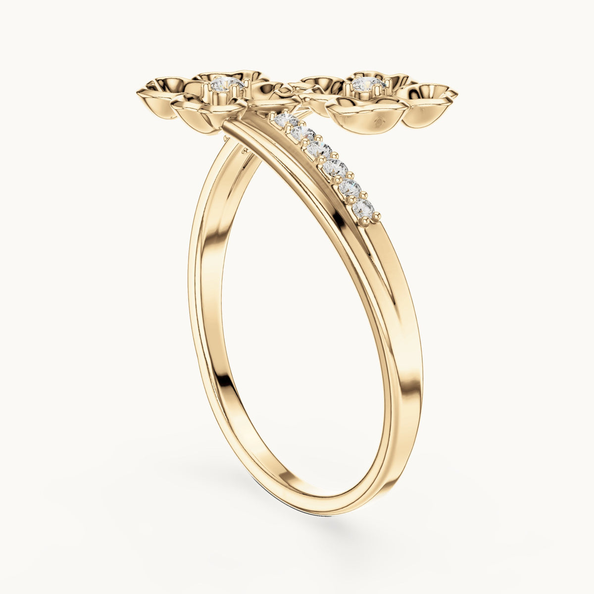 Round lab-grown diamond gold blossom bypass ring in yellow gold, 0.086 CT TW, view 1