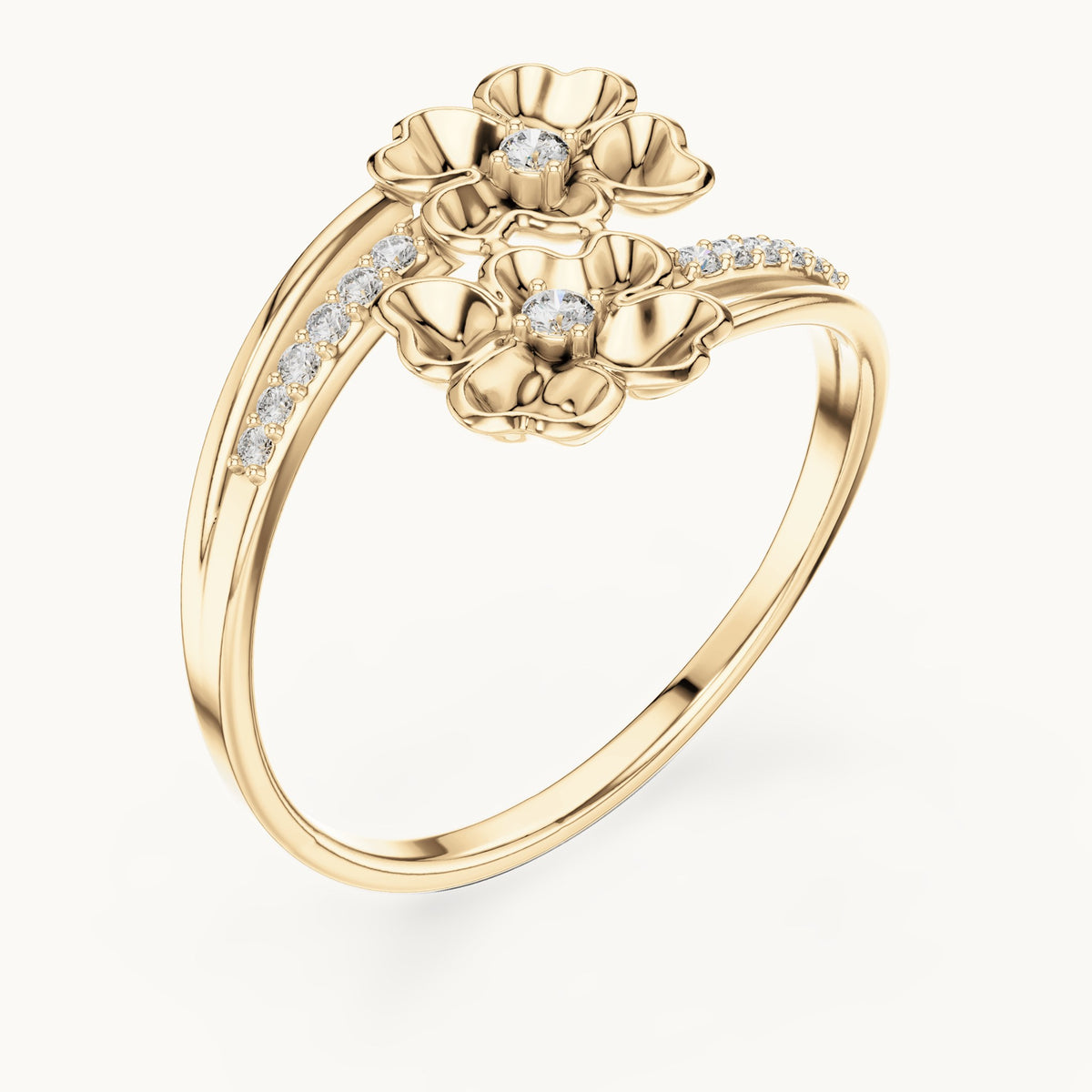 Round lab-grown diamond gold blossom bypass ring in yellow gold, 0.086 CT TW, view 2